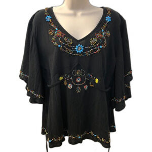Vintage Y2K NWT Willi Smith Womens Black Beaded Top Tie Back XL Bell Sleeves